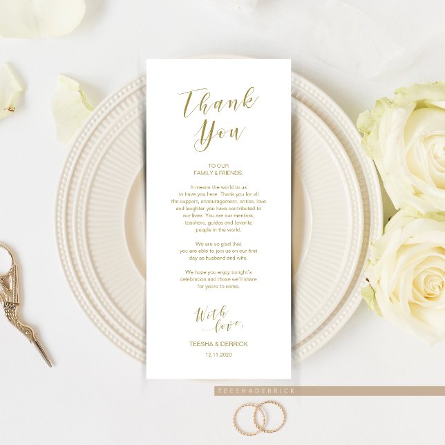 Place Setting Thank you, modern script card Gold (Wedding Dinner or Elopement Brunch Place Setting Thank You Card, In Modern Romantic Gold Themed.)