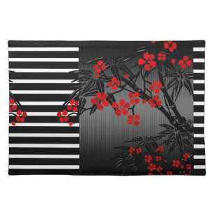Placemat Asian Black White Red Bamboo Blossom