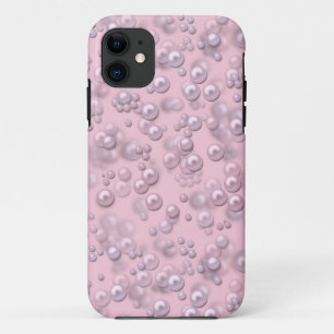 Placers of white-pink pearls on pink velvet iPhone 11 case