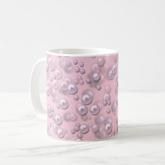 Placers of white-pink pearls on pink velvet coffee mug (Front Left)