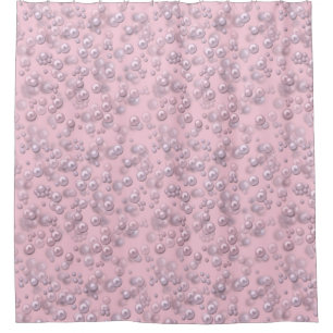 Placers of white-pink pearls on pink velvet shower curtain