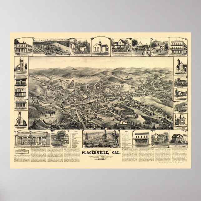 Placerville, CA Panoramic Map - 1888 Poster (Front)