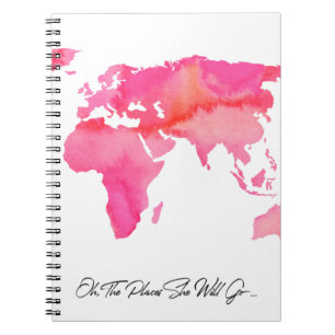 Places She Will Go Quote Pink Watercolor World Map Notebook