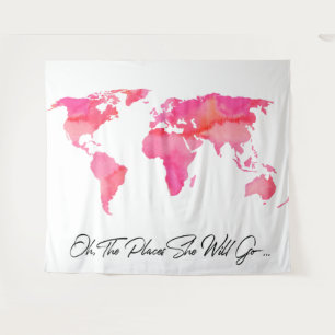 Places She Will Go Quote Pink Watercolor World Map Tapestry