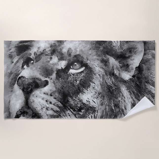Placid Lion Face Silver Beach Towel (Front)