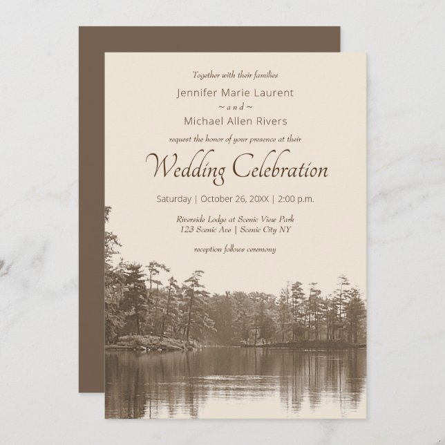 placid mountain lake landscape antique wedding invitation (Front/Back)