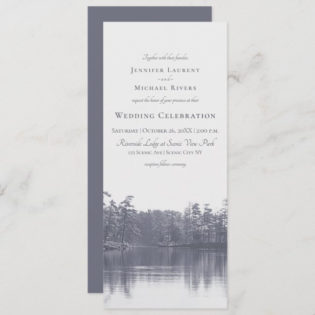 placid mountain lake landscape blue grey wedding invitation (Front/Back)