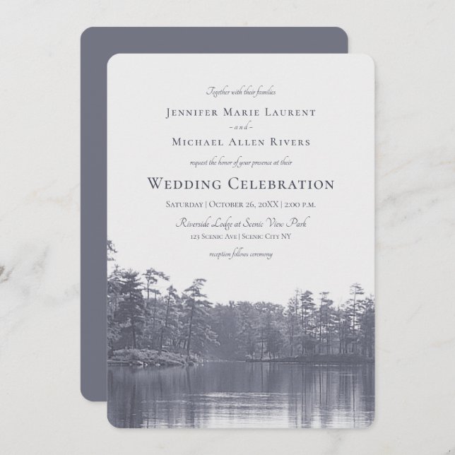 placid mountain lake landscape blue grey wedding invitation (Front/Back)