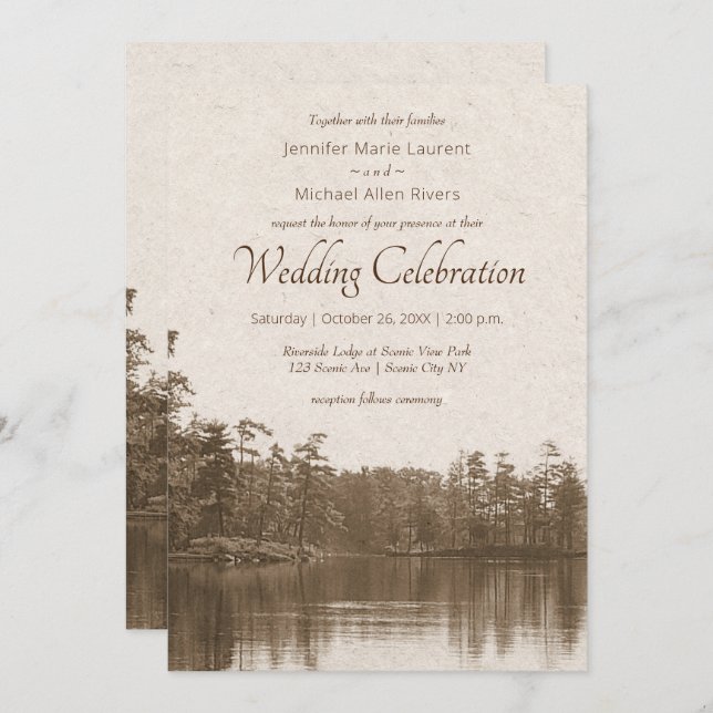 placid mountain lake landscape wedding invitation (Front/Back)