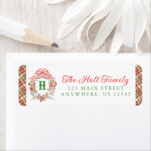 Plaid 12 Days of Christmas Monogram Crest Photo Return Address Label