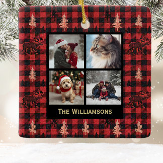 Plaid 4 Photo Christmas Country Chic Tree Moose Ceramic Ornament