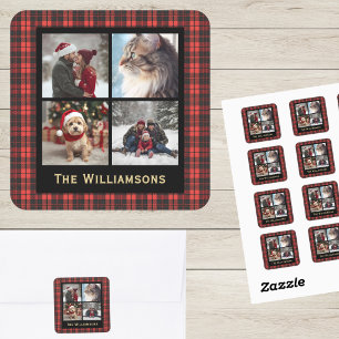 Plaid 4 Photo Christmas Red Black Rustic Chic Square Sticker