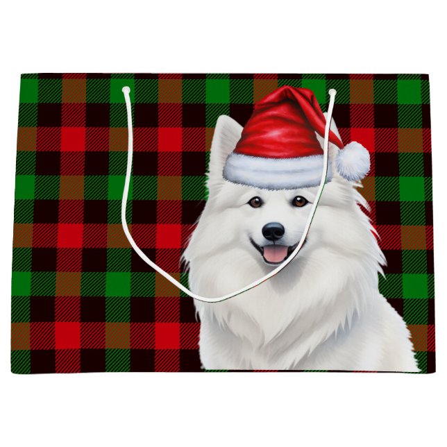 Plaid American Eskimo Dog Holiday Large Gift Bag (Front)