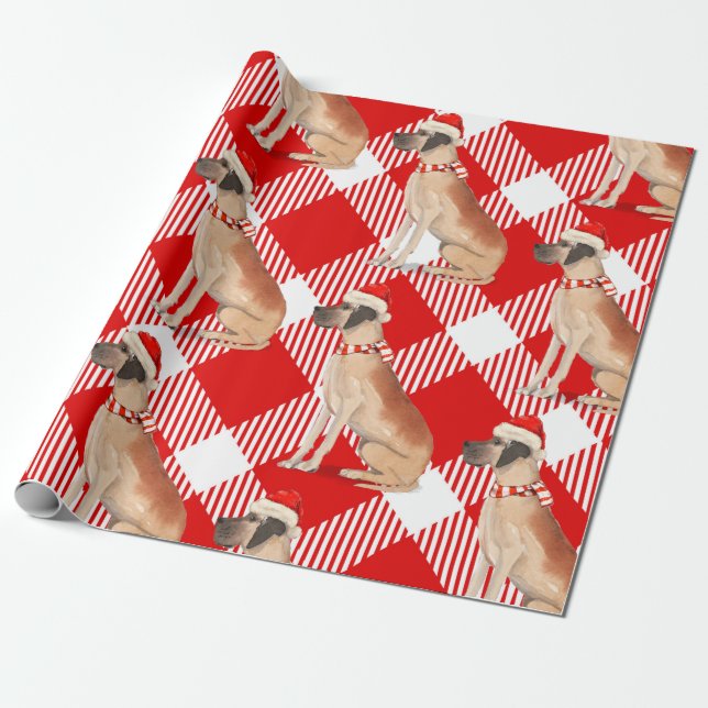 Plaid and Great Dane Dog Lovers Christmas Wrapping Paper (Unrolled)