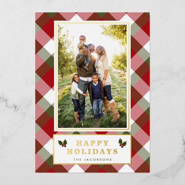 Plaid and Holly Green and Red Bold Photo Foil Holiday Card (Front)