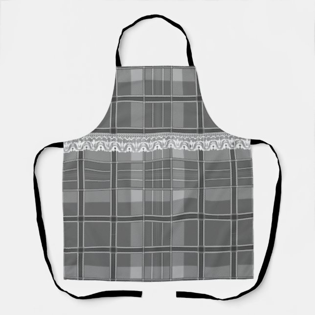 Plaid and lace black white grey cute girly  apron (Front)
