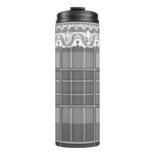 Plaid and lace black white grey cute girly thermal tumbler
