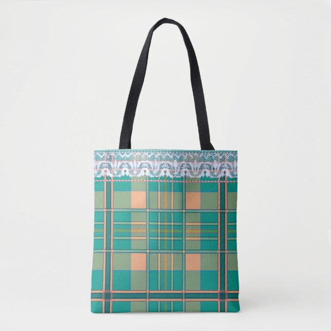 Plaid and lace green and peach tote bag (Front)