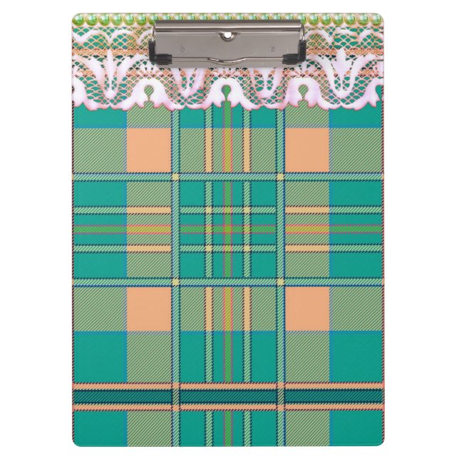 Plaid and lace green peach cute girly clipboard (Front)