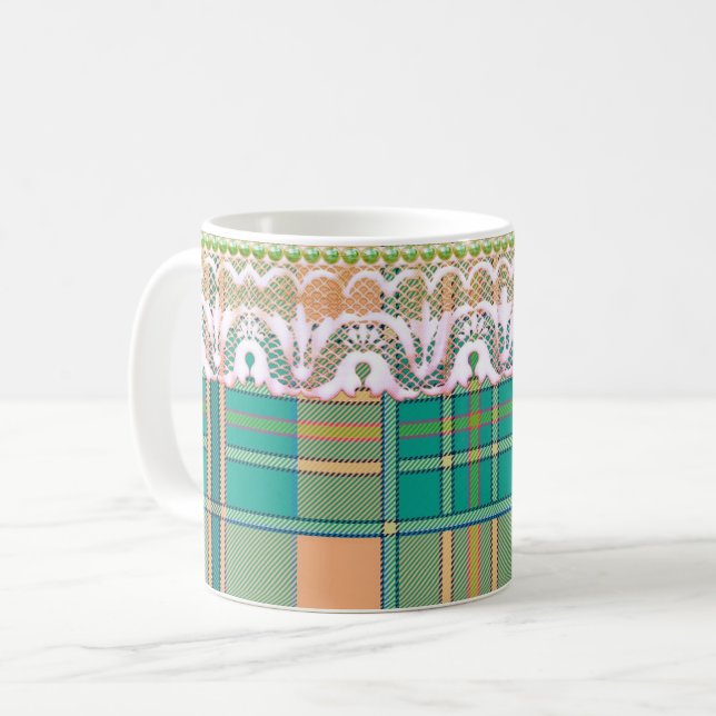 Plaid and lace green peach cute girly  coffee mug (Front Left)