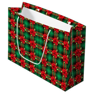 Plaid And Poinsettias Pattern Large Gift Bag