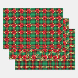 Plaid And Poinsettias Wrapping Paper Sheet