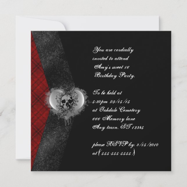 Plaid and Skull Gothic Sweet 16 Birthday Invites (Front)