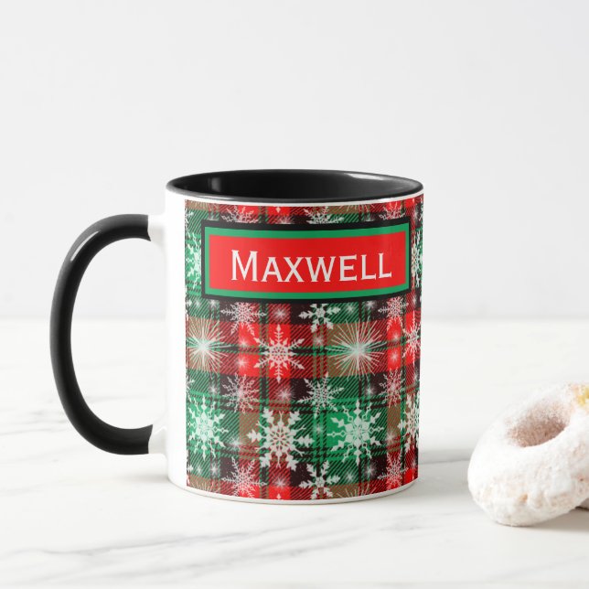 Plaid And Snowflakes Christmas Pattern 1 Mug (With Donut)
