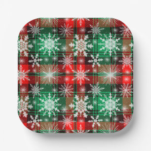 Plaid And Snowflakes Christmas Pattern 1 Paper Plate