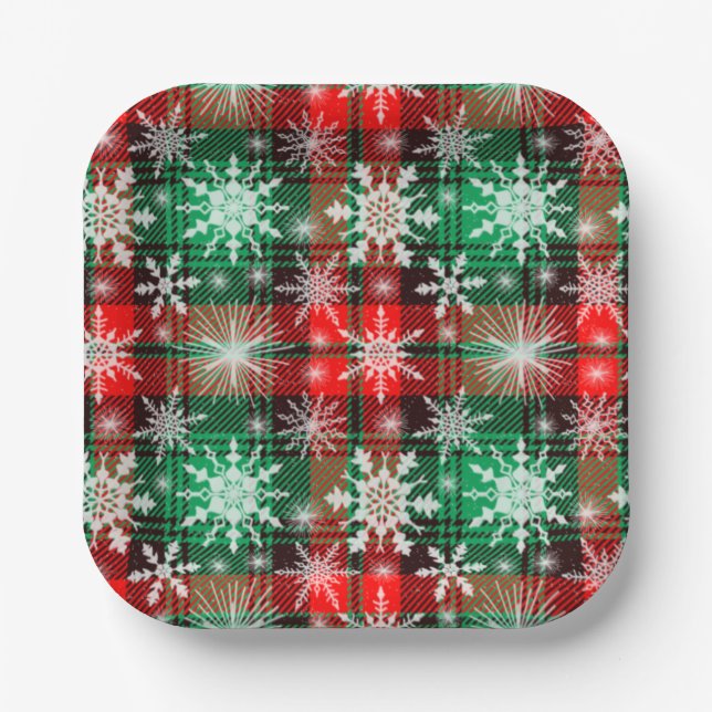 Plaid And Snowflakes Christmas Pattern 1 Paper Plate (Front)