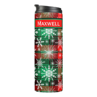 Plaid And Snowflakes Christmas Pattern 1 With Name Thermal Tumbler