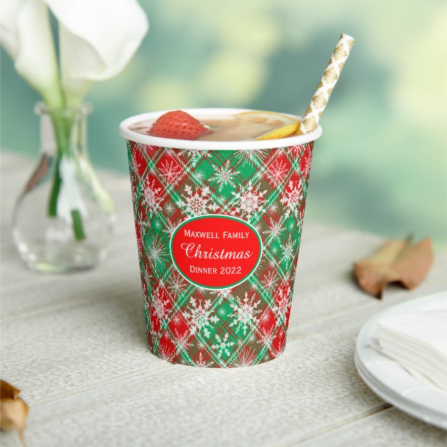 Plaid And Snowflakes Christmas Pattern 2 With Text Paper Cups (Insitu)