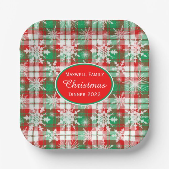Plaid And Snowflakes Christmas Pattern 3 With Text Paper Plate (Front)
