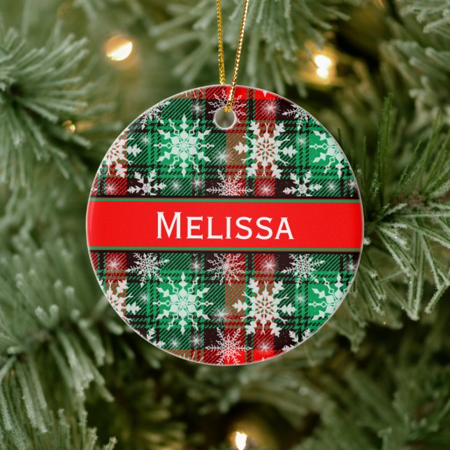 Plaid And Snowflakes Christmas Pattern With Name Ceramic Ornament (Tree)