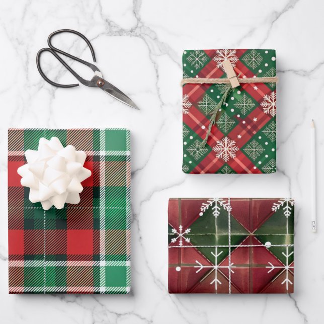 Plaid and Snowflakes Wrapping Paper Sheet (Front)