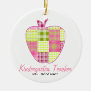 Plaid Apple Kindergarten Teacher Ceramic Ornament