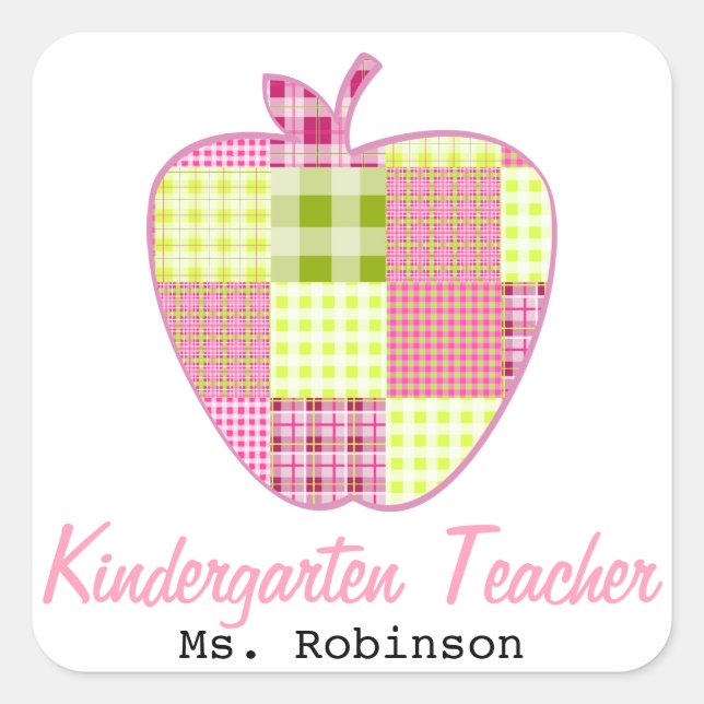 Plaid Apple Kindergarten Teacher Square Sticker (Front)