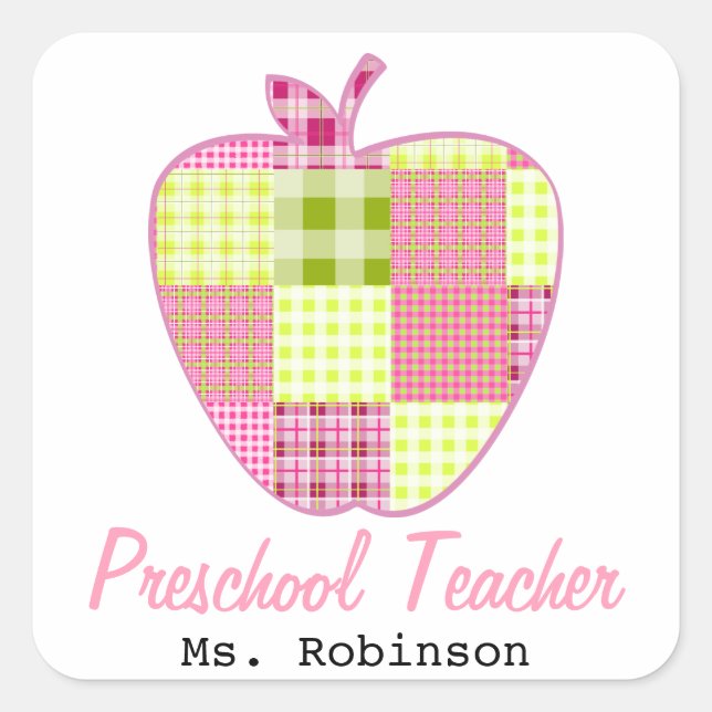 Plaid Apple Preschool Teacher Square Sticker (Front)