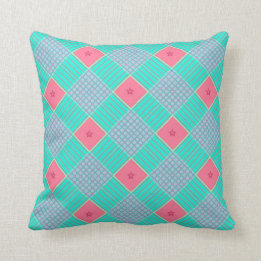 Plaid Aqua, Lavender, Pink with Stars Pillow