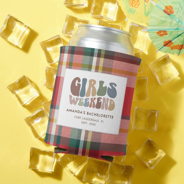 Plaid Bachelorette Party Girls Weekend 70s Retro Can Cooler (In Situ Summer)