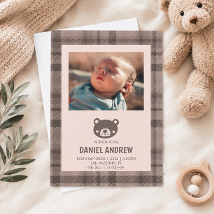 Plaid Bear Baby Birth Announcement
