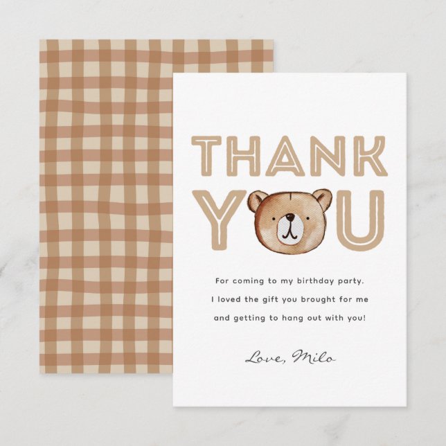 Plaid Bear Birthday Thank You Card (Front/Back)