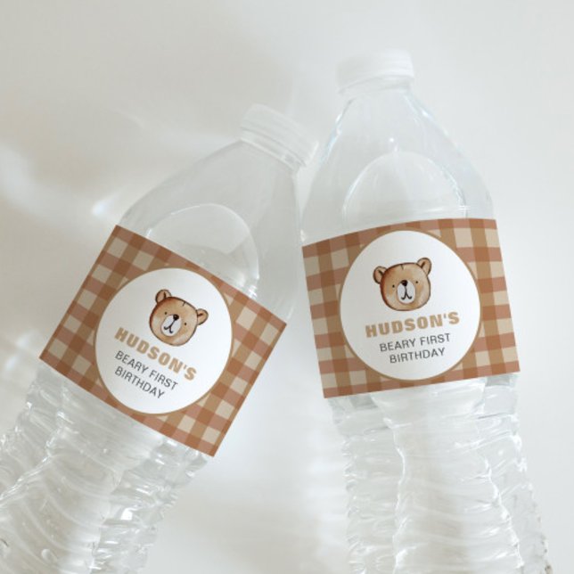 Plaid Bear Birthday Water Bottle Label (Creator Uploaded)