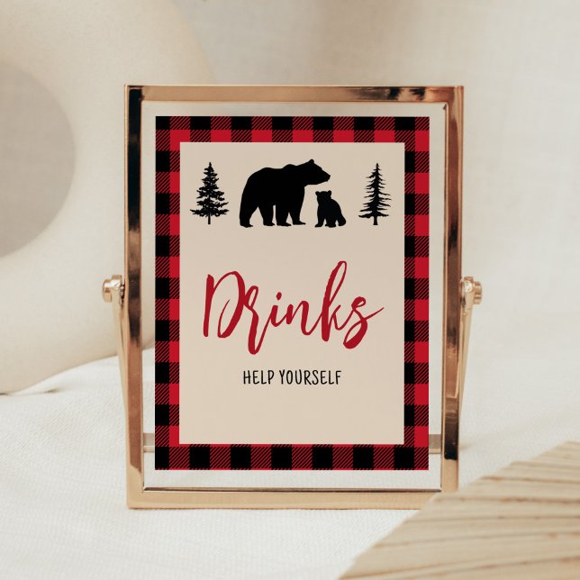 Plaid Bear Cub Lumberjack Baby Shower Drinks  Poster (Bear Cub Plaid Lumberjack Baby Shower Drinks Sign)