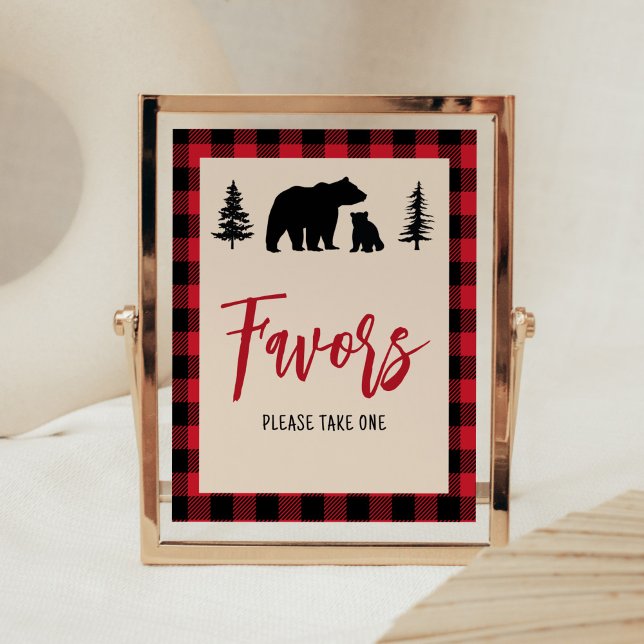 Plaid Bear Cub Lumberjack Baby Shower Favours Poster (Bear Cub Plaid Lumberjack Baby Shower Favors Sign)