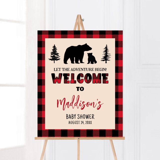 Plaid Bear Cub Lumberjack Baby Shower Welcome Poster (Bear Cub Plaid Lumberjack Baby Shower Welcome Sign)