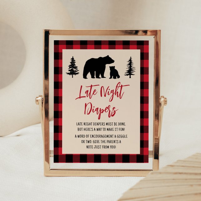 Plaid Bear Cub Lumberjack Late Night Diapers Poster (Bear Cub Plaid Lumberjack Baby Shower Late Night Diapers Sign)