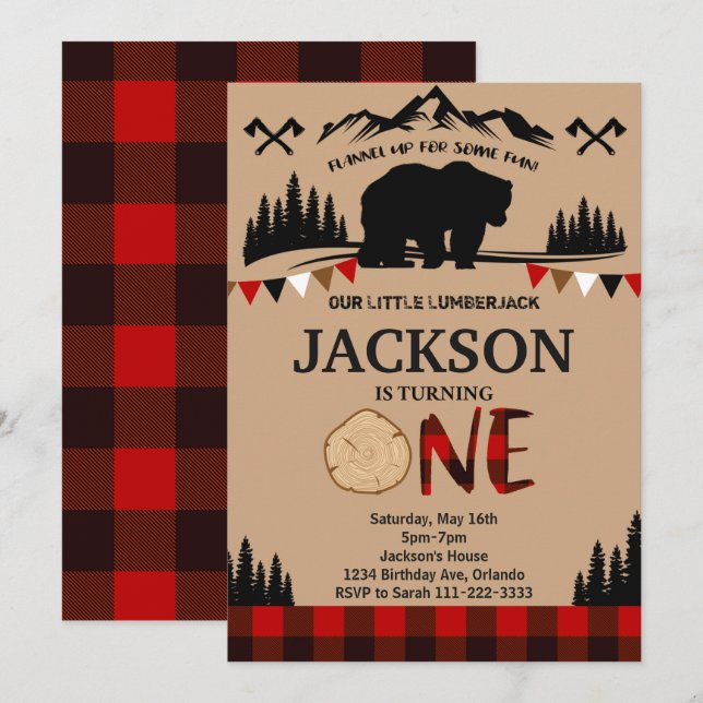 Plaid Bear Lumberjack Boys 1st Birthday Invitation (Front/Back)