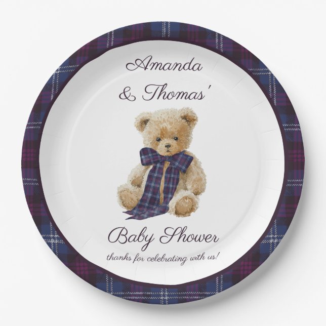 Plaid Bear Themed Baby Shower  Paper Plate (Front)