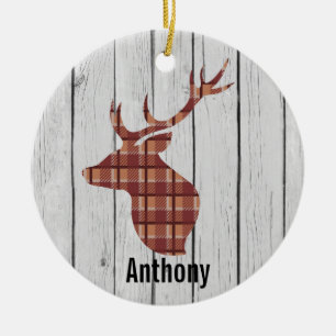 Plaid Big Buck/ Deer Head On Faux Grey Wood Ceramic Ornament